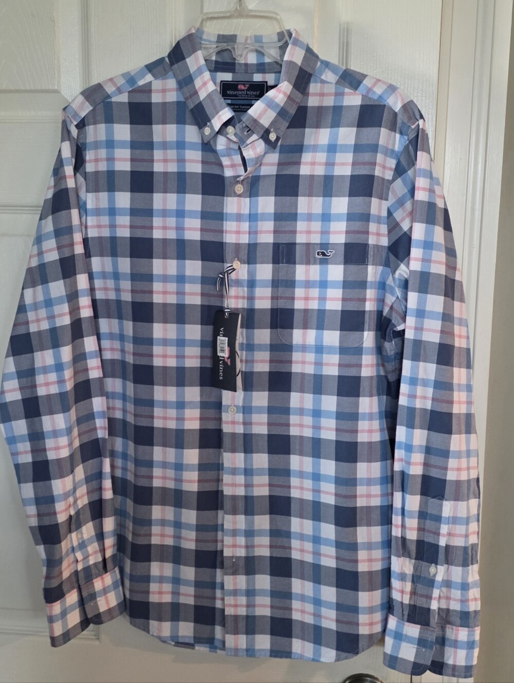 NWT Vineyard Vines Blue Light Red Plaid Button Shirt Medium